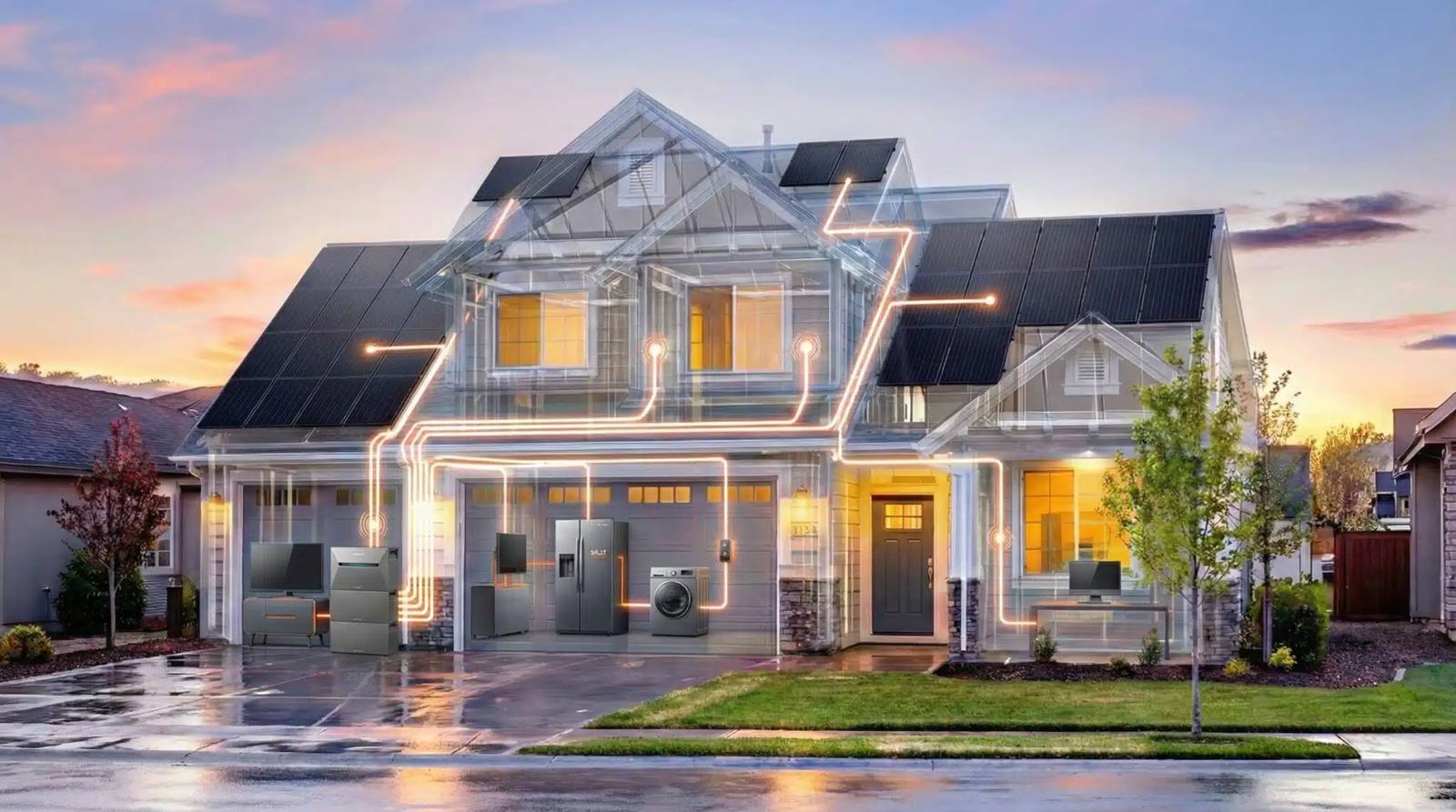 Haus mit Solaranlage in der Abenddämmerung