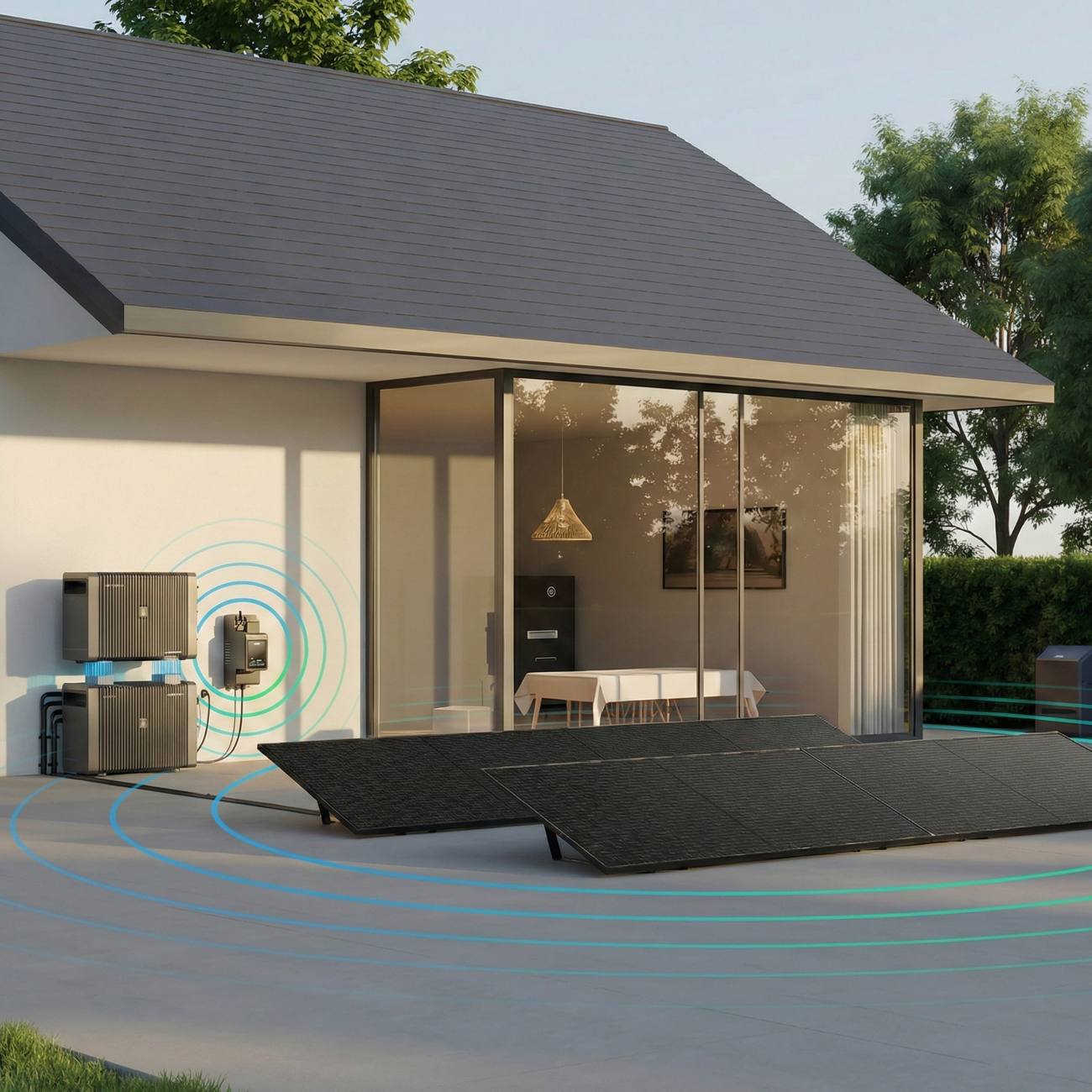 Haus mit Glasfront, Solarmodulen und Speicher