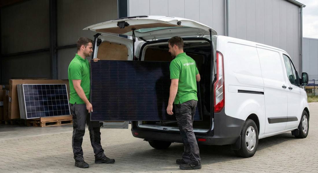 Zwei Männer laden Solarmodule in einen Transporter