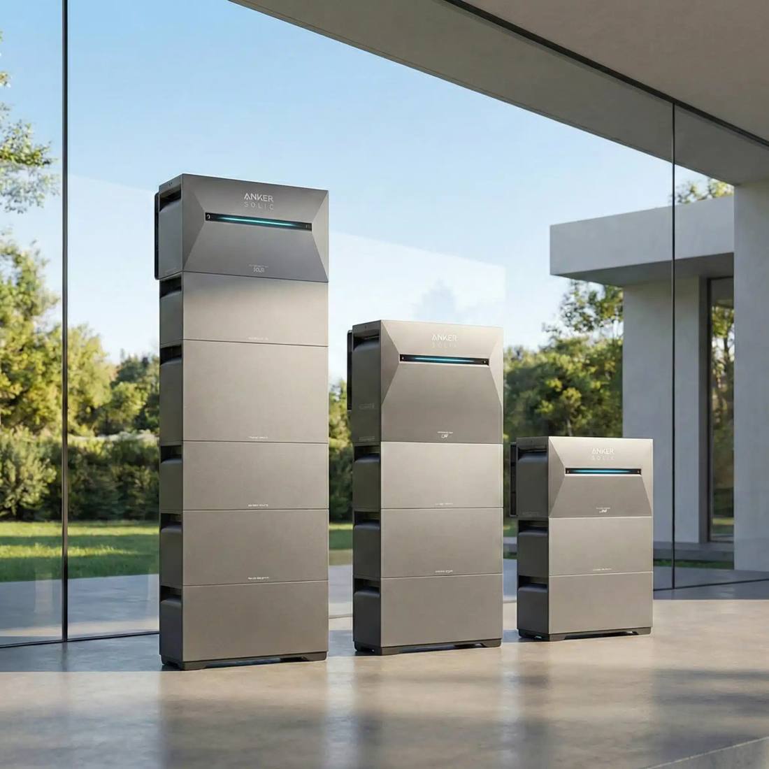 Anker SOLIX Speicher vor einem Haus mit Glasfront